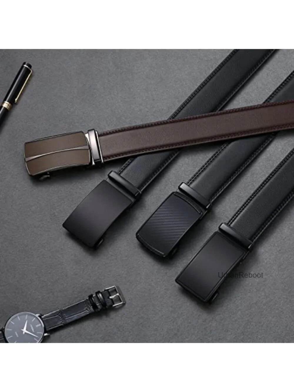 Men's Leather Belt Ratchet Buckle Trim to Fit Dress Casual Adjustable